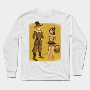 Cute Cartoon Thanksgiving Pilgrim and Native Long Sleeve T-Shirt